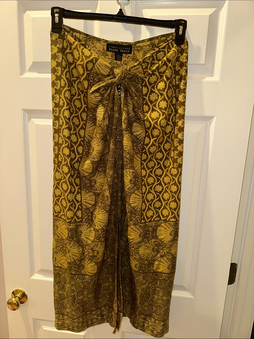 Eileen Fisher Olive-Gold Patterned Tie-Waist Maxi Skirt